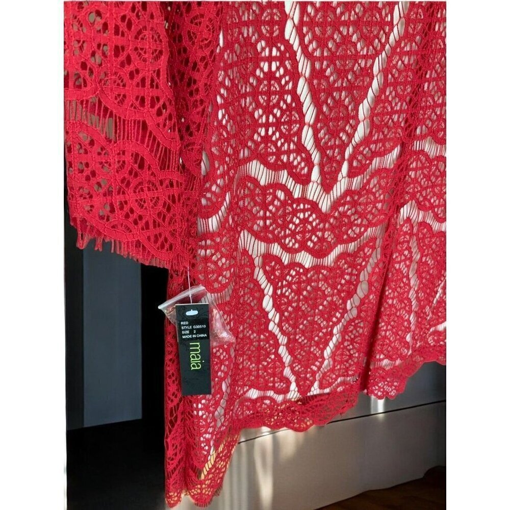 Maia Womens Designer Red Lace Scalloped Edge Shift Dress Lined Crochet NEW 2 - Picture 4 of 10